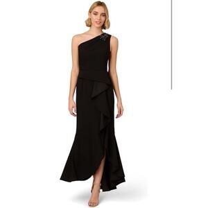 Adrianna Papell Women's Formal Dress Size 2 Black Beaded One Shoulder Gown